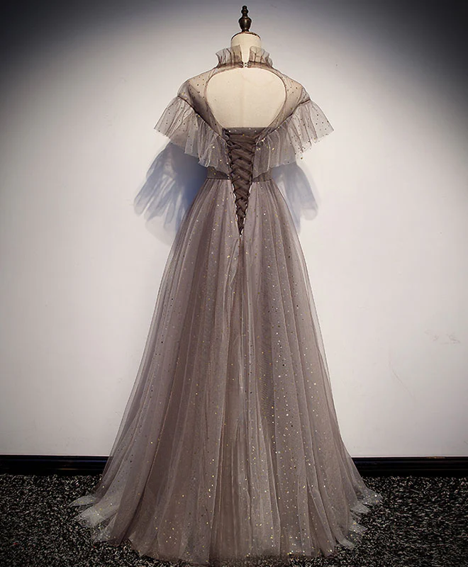 Unique Tulle Long Prom Dress, Tulle Gray Evening Dress - Deanwangkt