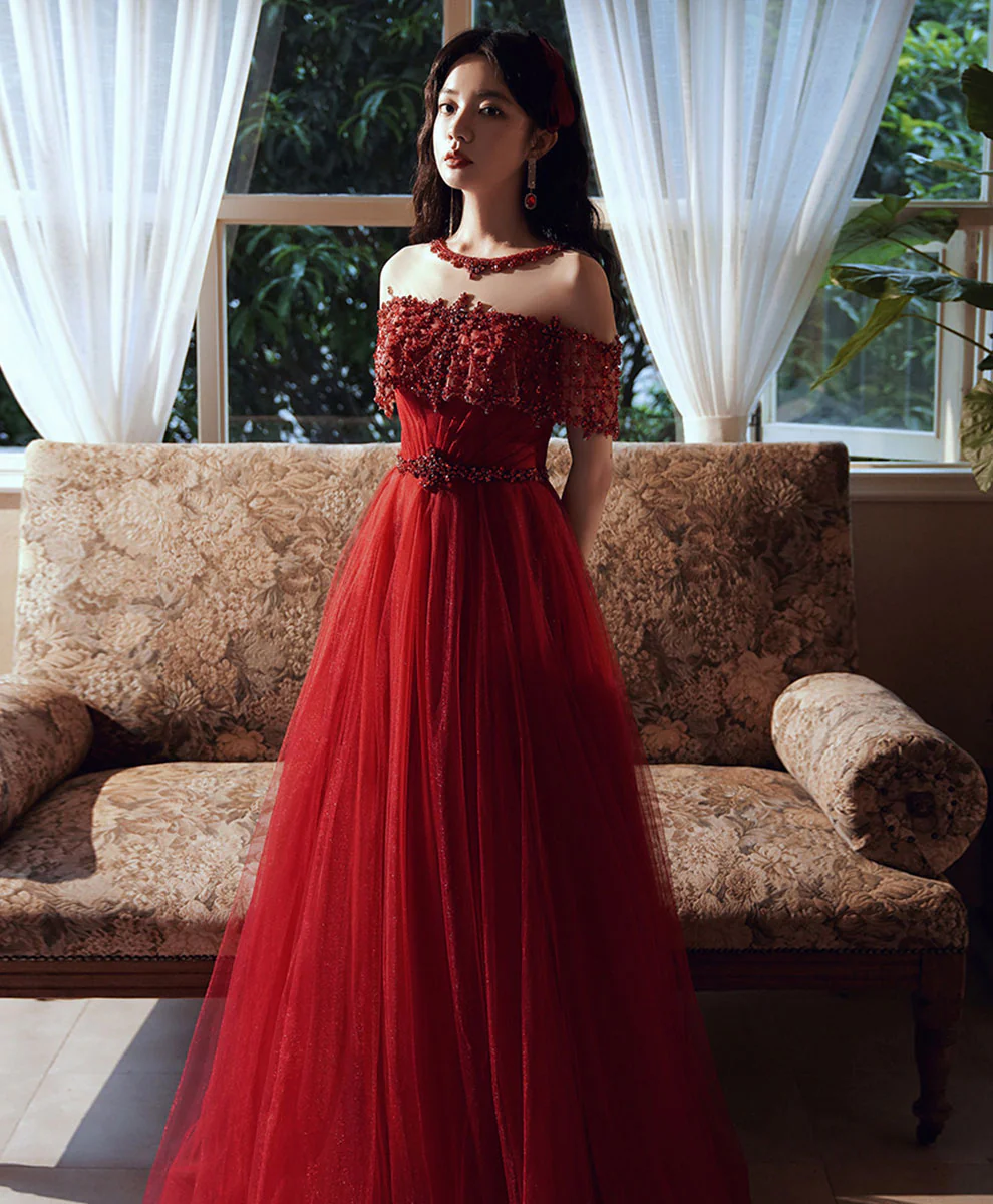 Burgundy Round Neck Beads Tulle Long Prom Dress, Burgundy Graduation Dresses - Deanwangkt