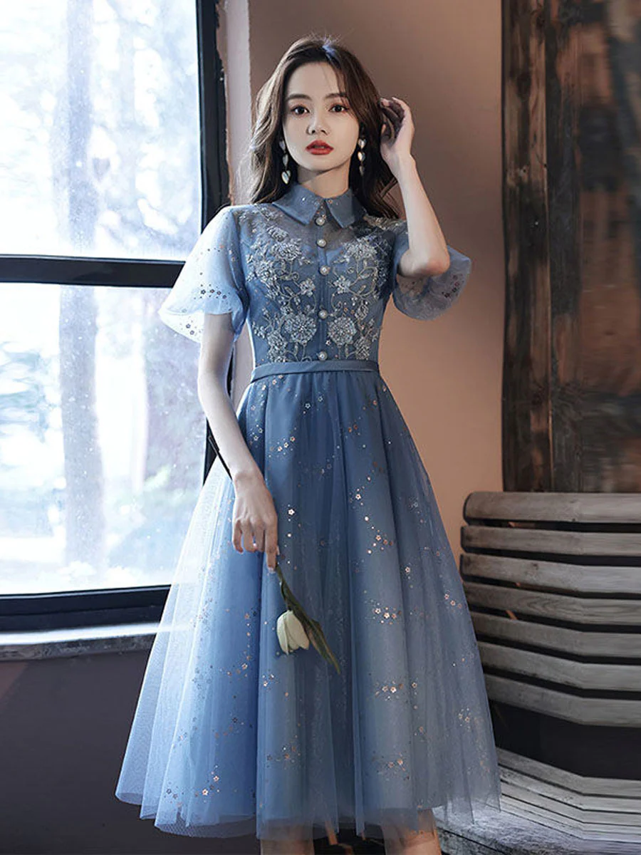 Blue Tulle Lace Short Prom Dress, Blue Tulle Puffy Homecoming Dress - Deanwangkt