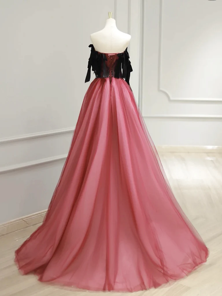 A-Line Tulle Watermelon Red Long Prom Dress, Watermelon Red Tulle Long Formal Dress - Deanwangkt