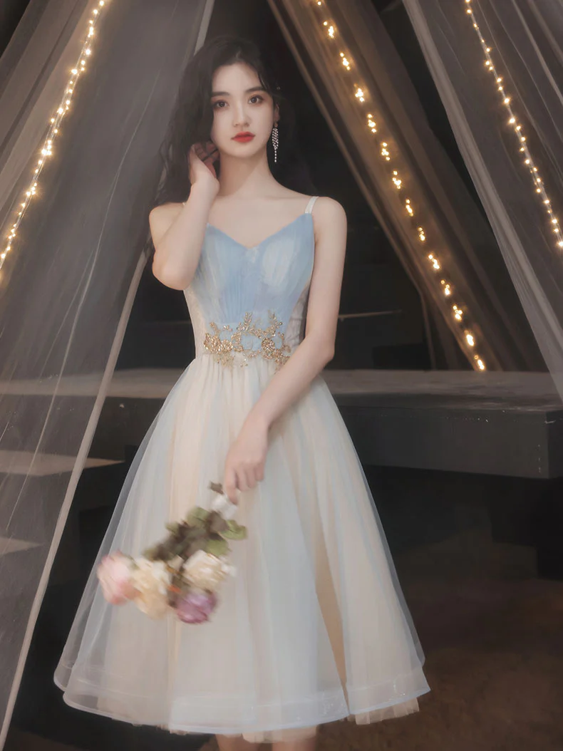 Blue A-line Tulle Lace Short Prom Dress, Blue Homecoming Dress - Deanwangkt