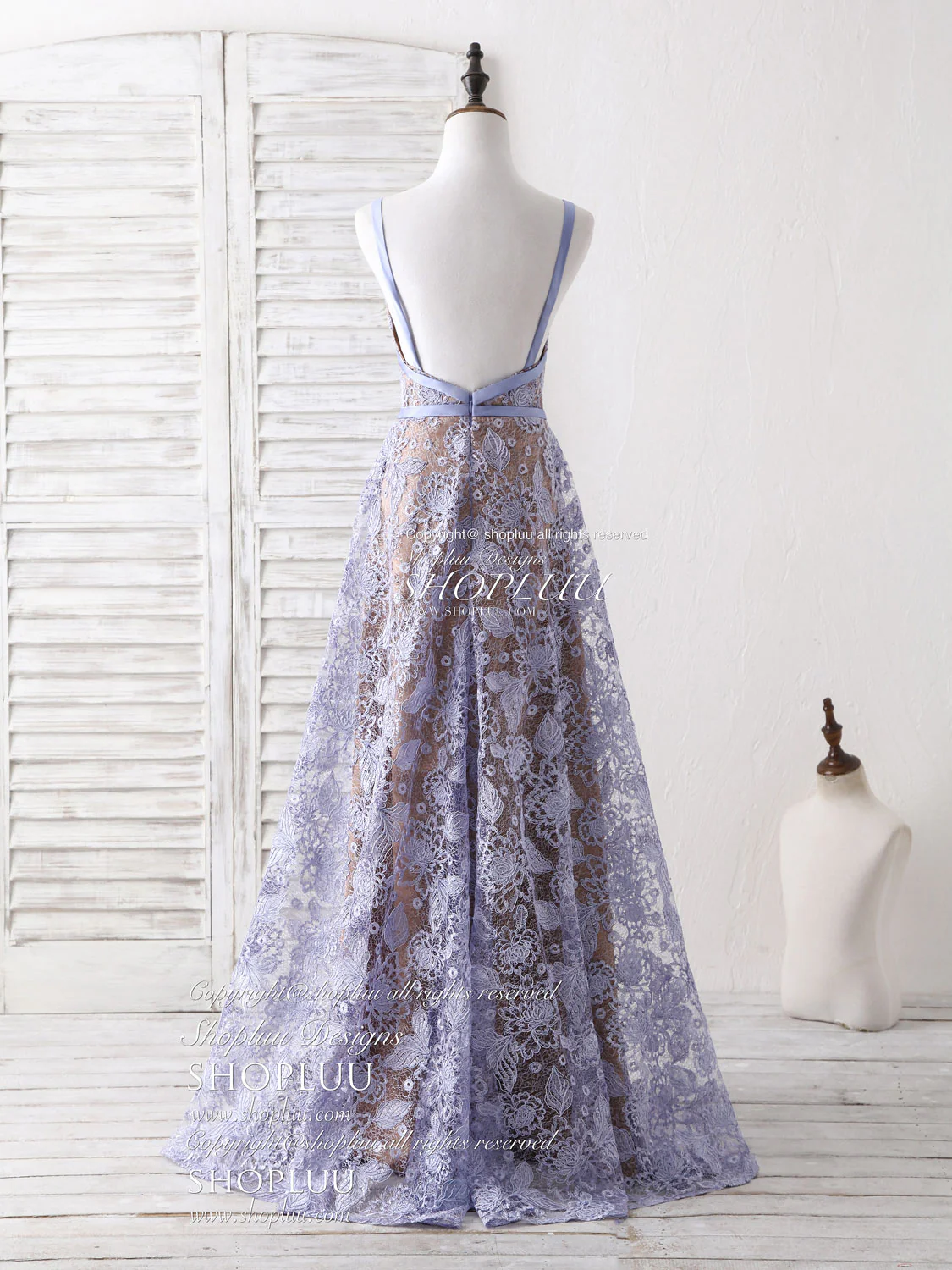 Unique V Neck Lace Long Prom Dress Purple Lace Evening Dress - Deanwangkt