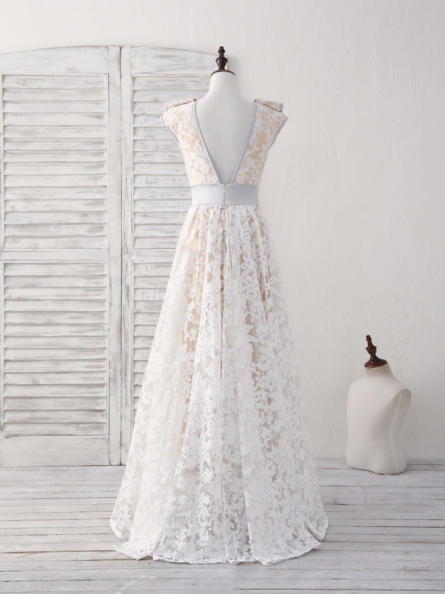 White Round Neck Lace High Low Prom Dress White Bridesmaid Dress - Deanwangkt