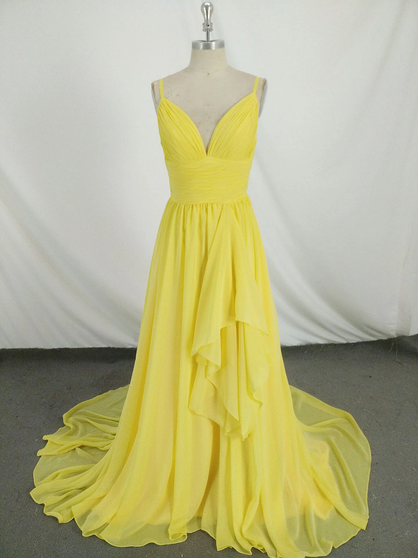 Simple V Neck Yellow Chiffon Long Prom Dress, Yellow Evening Dress - Deanwangkt
