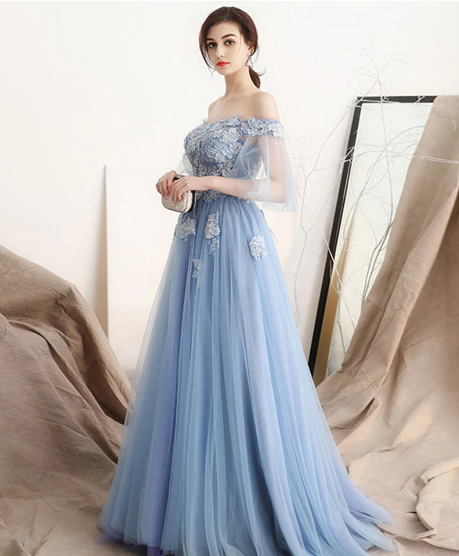 Unique Blue Off Shoulder Tulle Long Prom Dress, Blue Evening Dress - Deanwangkt