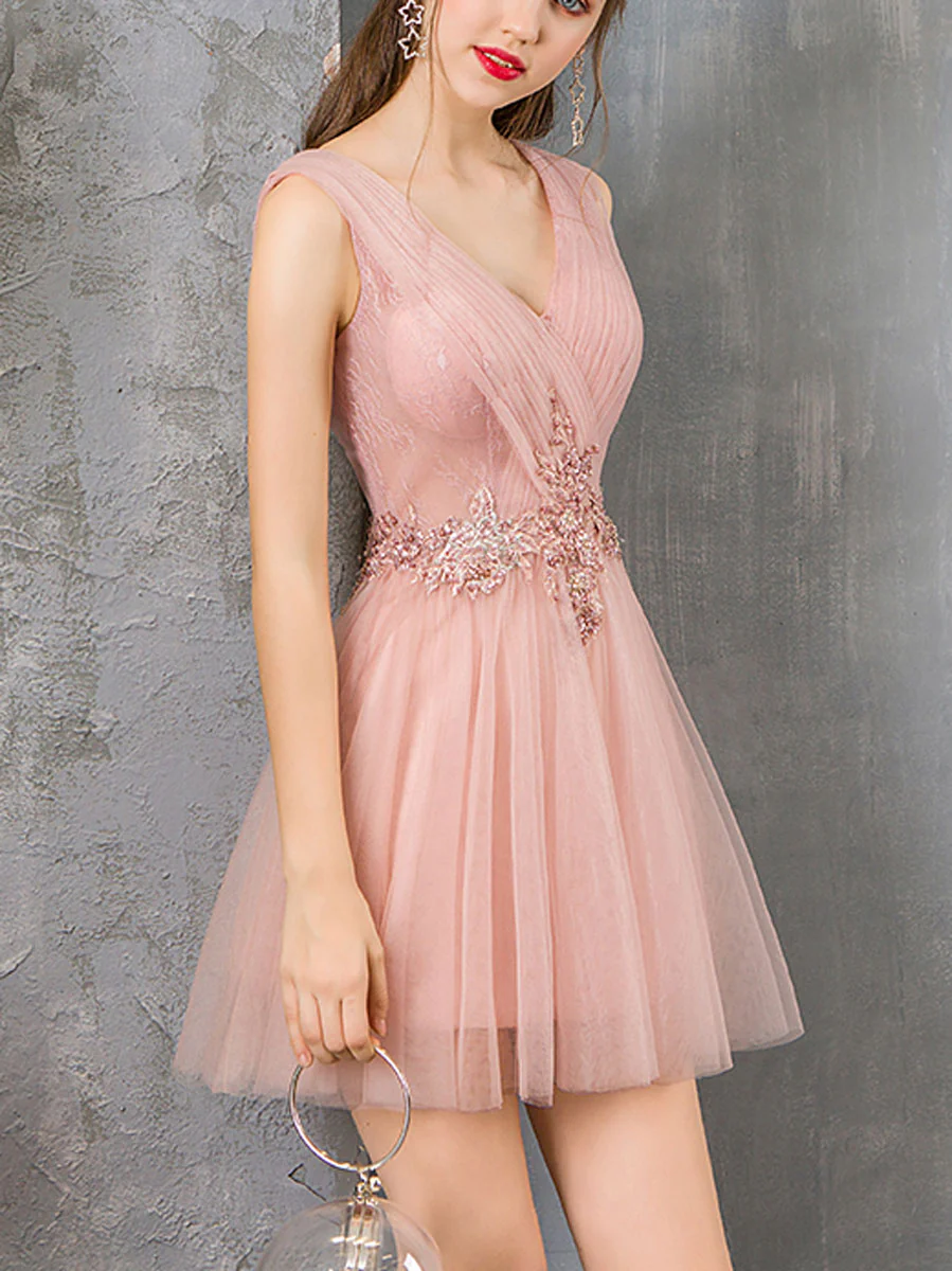 Pink V Neck Tulle Lace Short Prom Dress Pink Homecoming Dress - Deanwangkt