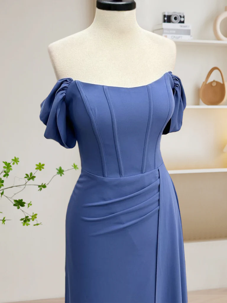 Simple Off Shoulder Gray Blue Long Prom Dress, Gray Blue Long Formal Dress - Deanwangkt