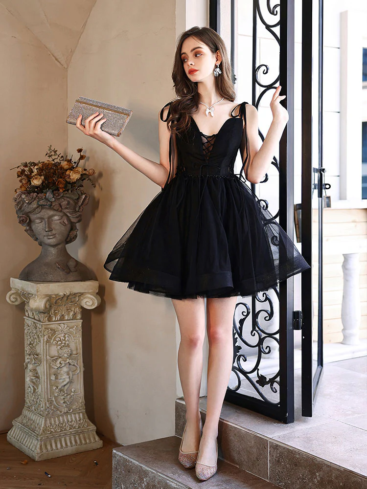 Cute V Neck Tulle Black Short Prom Dress, Black Homecoming Dresses - Deanwangkt