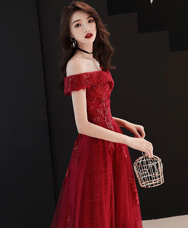 Burgundy Tulle Lace Off Shoulder Prom Dress, Burgundy Evening Dress - Deanwangkt