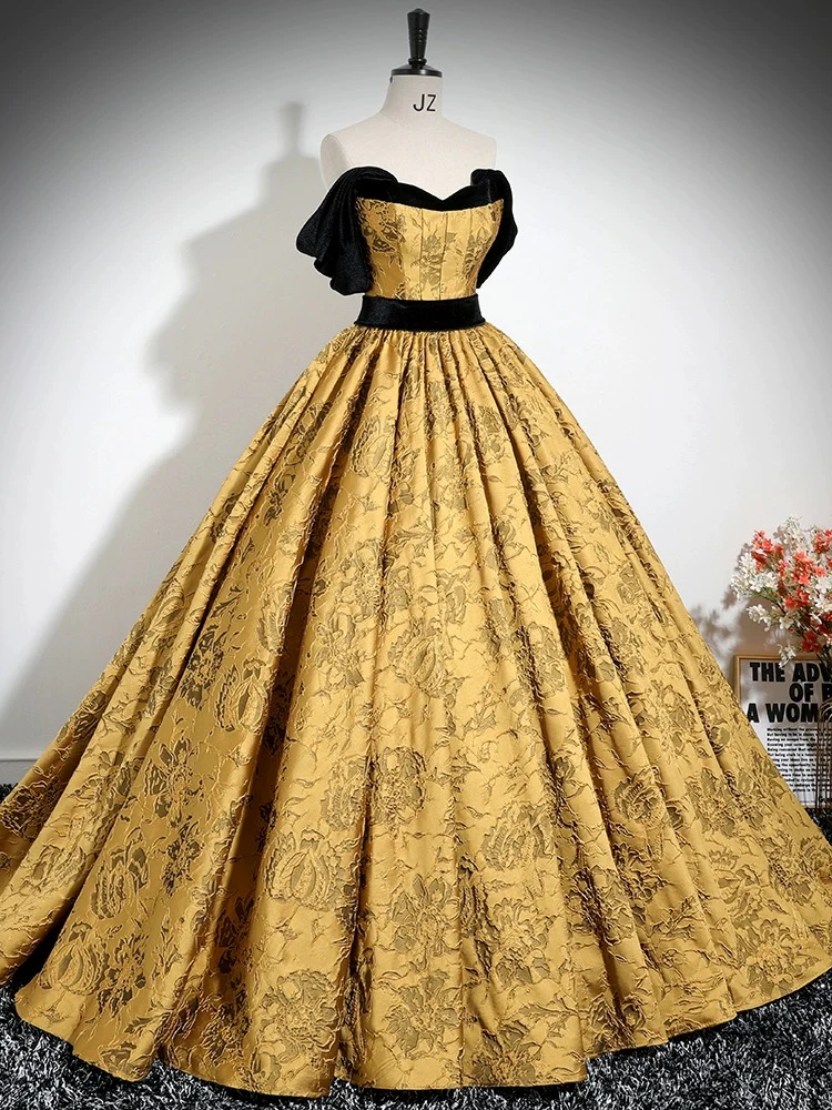 A-Line Off Shoulder Satin Gold Long Prom Dress, Gold Long Formal Dress - Deanwangkt