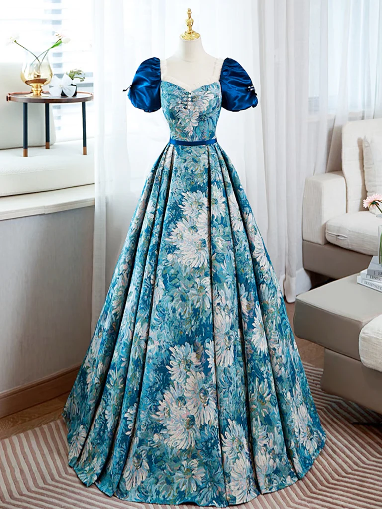 A-Line Puff Sleeves Satin Blue Long Prom Dress, Blue Long Formal Dress - Deanwangkt