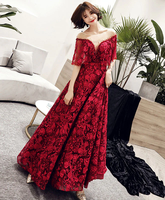 Burgundy Tulle Lace Long Prom Dress, Burgundy Lace Evening Dress - Deanwangkt