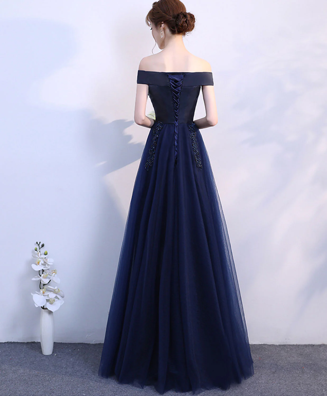 Dark Blue Off Shoulder Long Prom Dress, Blue Evening Dress - Deanwangkt
