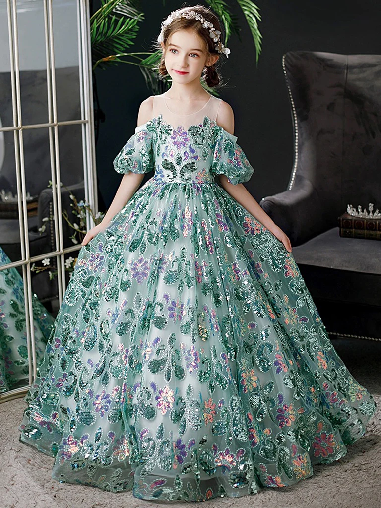 A-Line Scoop Neckline Sequin Lace Tulle Green Long Flower Girl Dress - Deanwangkt