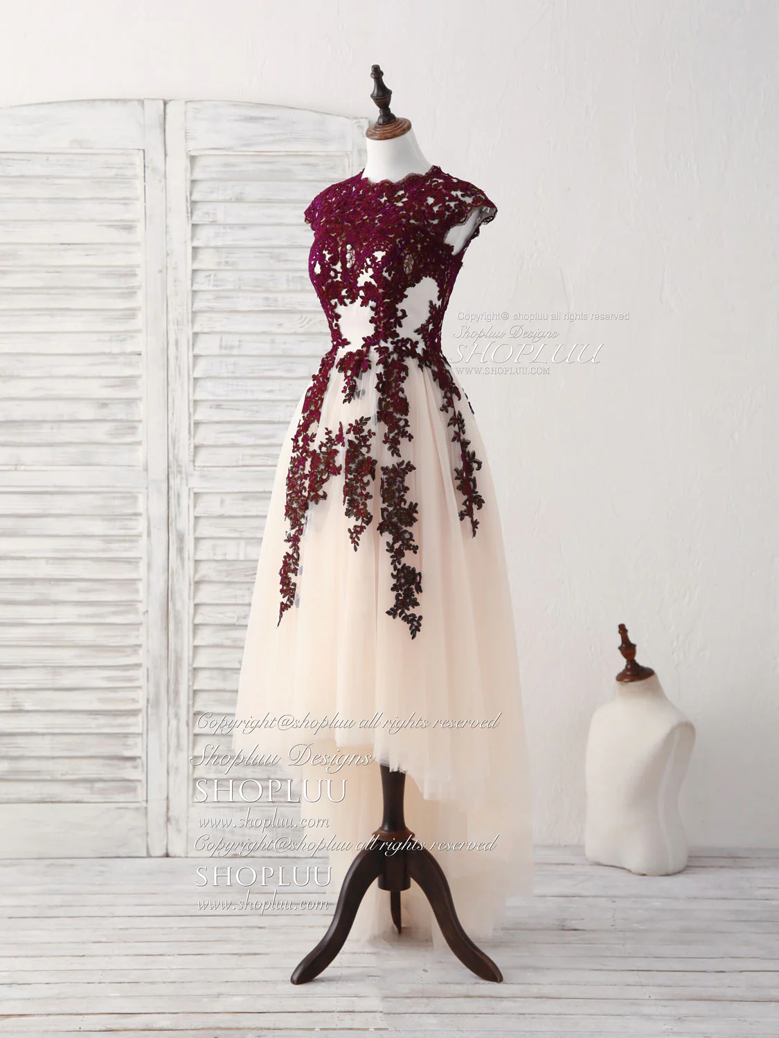 Burgundy Lace Tulle High Low Prom Dress Burgundy Bridesmaid Dress - Deanwangkt