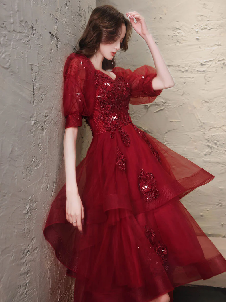 Burgundy High Low Tulle Lace Prom Dress, Burgundy Homecoming Dresses - Deanwangkt