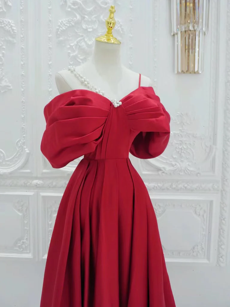 A-Line Satin Off Shoulder Red Long Prom Dress, Red Long Evening Dress - Deanwangkt