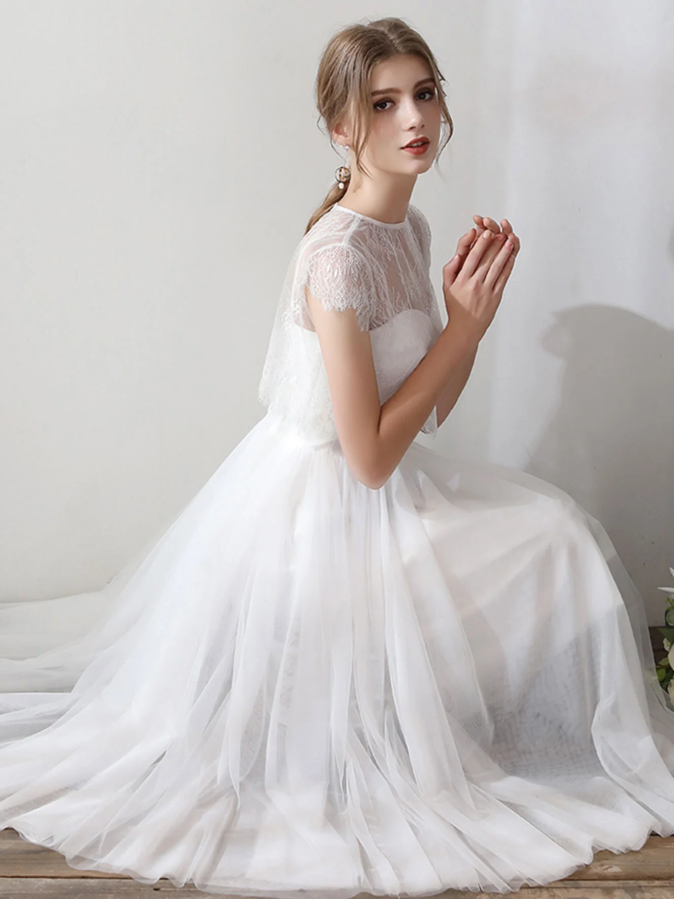 White Lace Short Bridesmaid Dress, Two Pieces Wedding Party Dresses - Deanwangkt