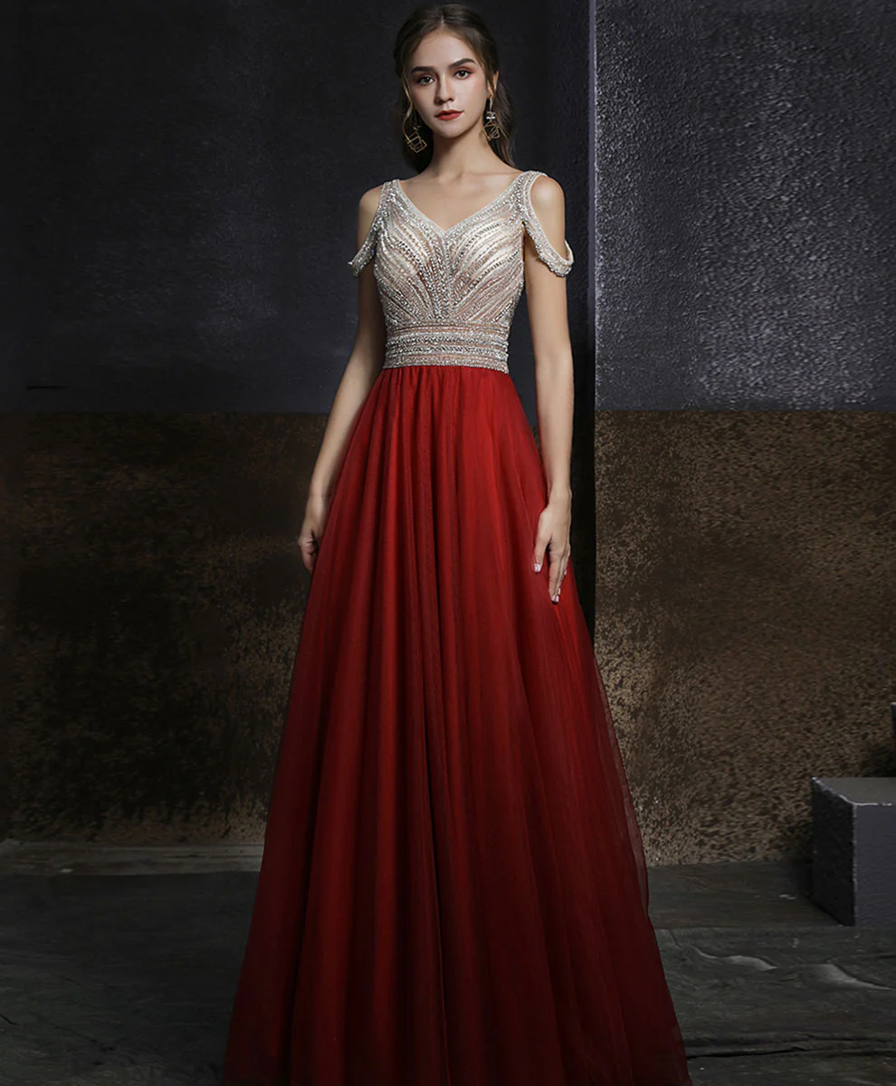 Burgundy V Neck Beading Long Prom Dress, Burgundy Long Formal Graduation Dress - Deanwangkt