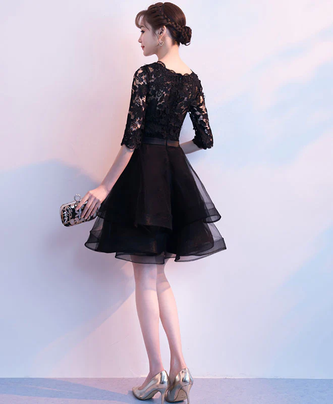 Black V Neck Lace Tulle Short Prom Dress, Black Homecoming Dress - Deanwangkt