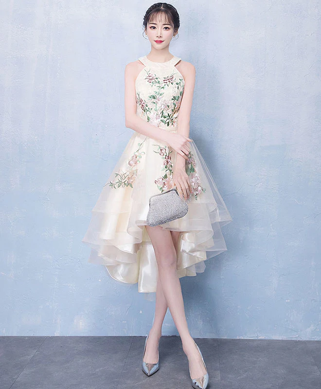 Light Champagne Tulle Lace Short Prom Dress, Champagne Homecoming Dress - Deanwangkt