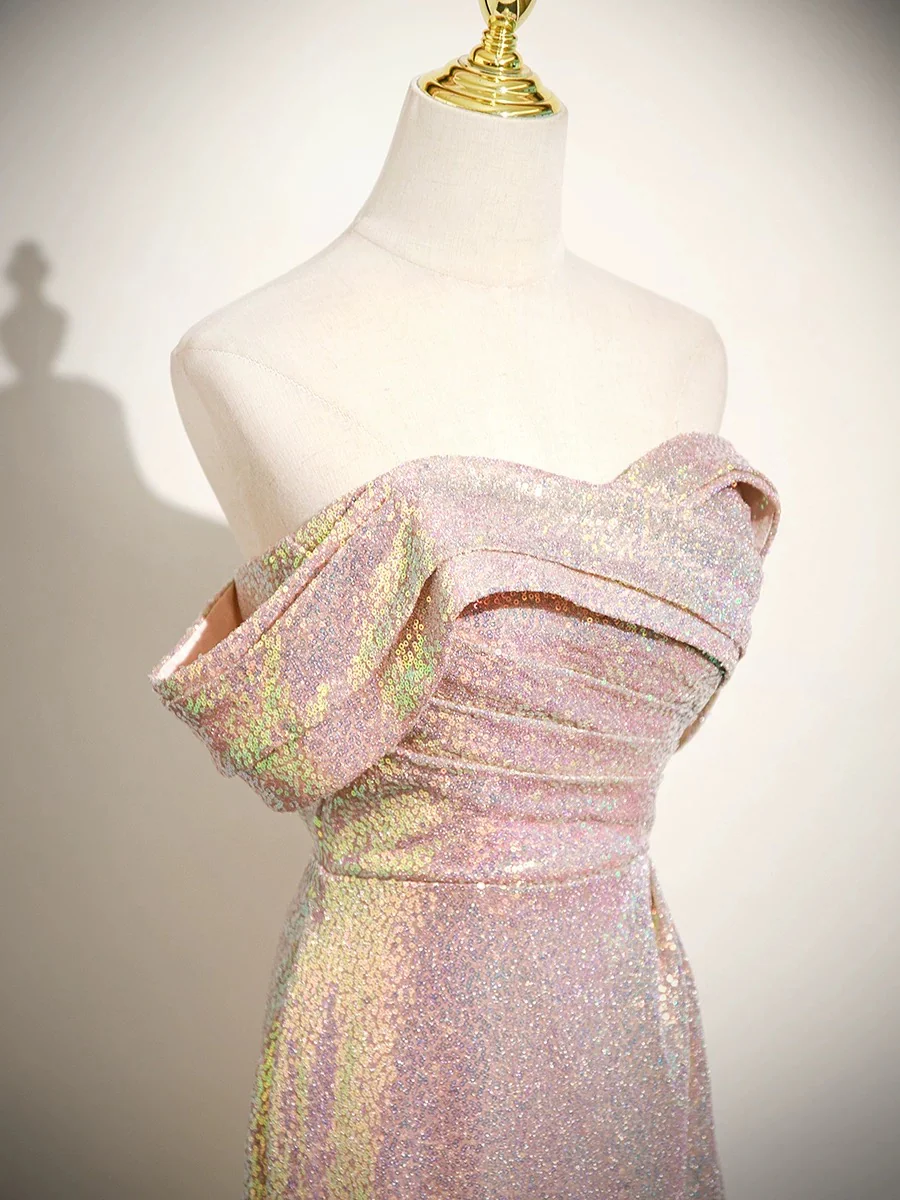 Simple Off Shoulder Sequin Mermaid Pink Prom Dress, Pink Long Formal Dress - Deanwangkt