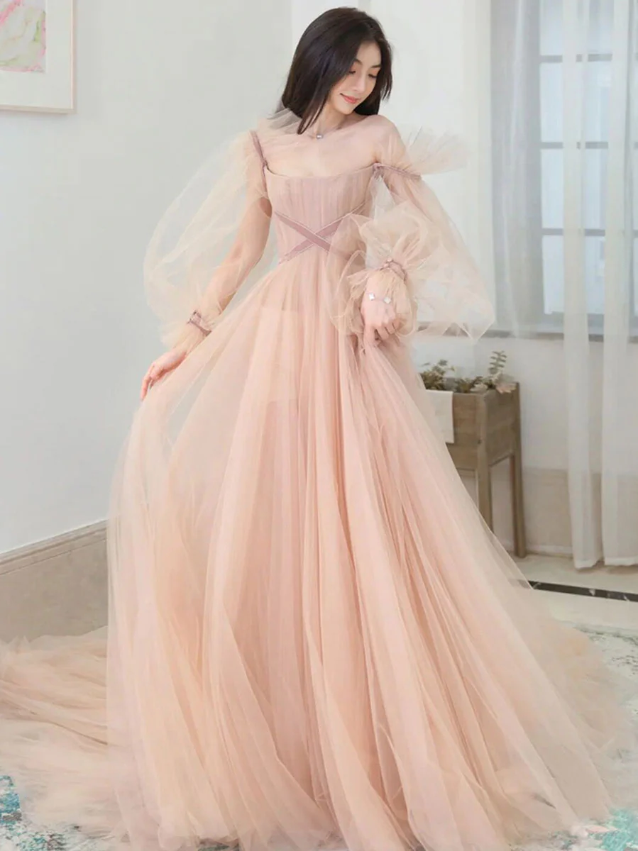 Champagne Aline Tulle Long Prom Dresses, Long Formal Graduation Dresses - Deanwangkt