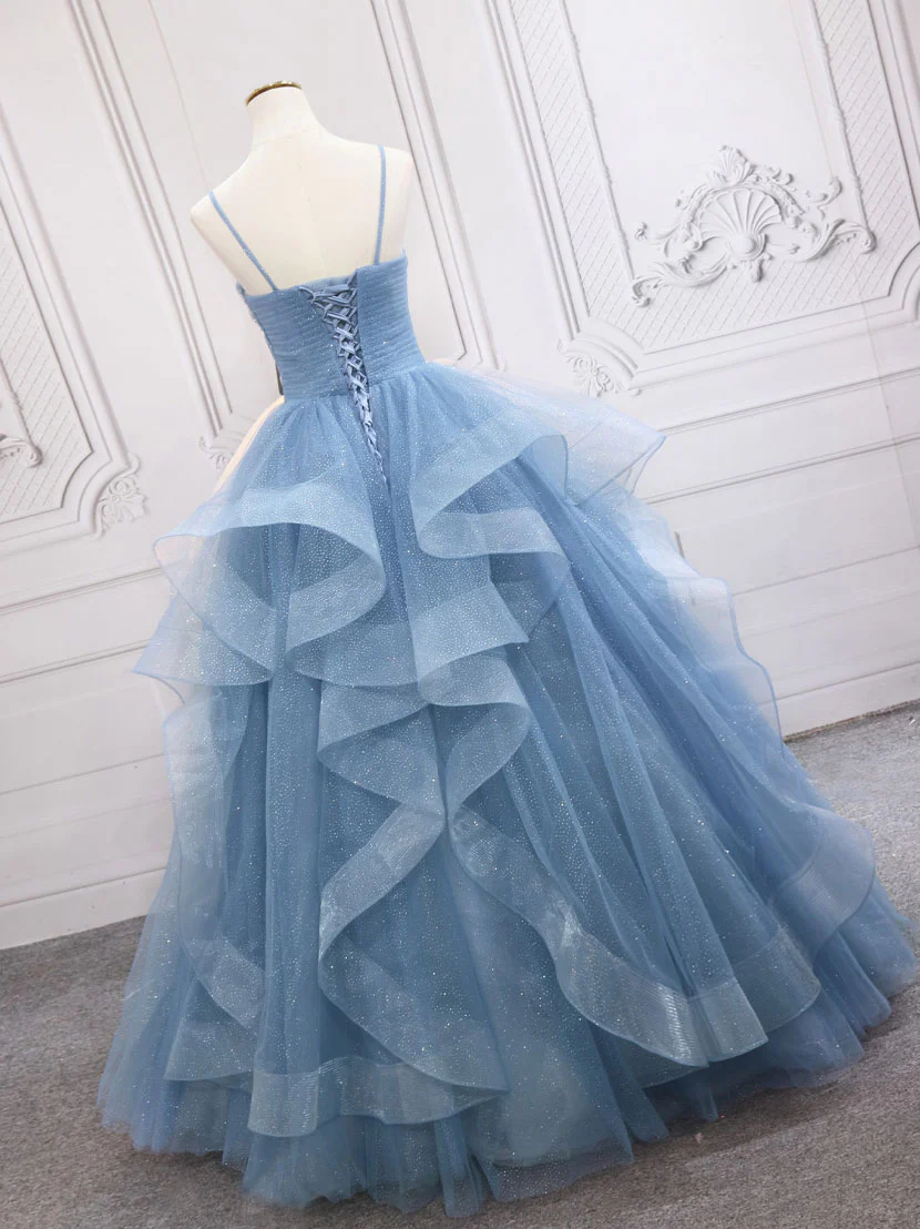 Blue Tulle Long Prom Dresses, Blue Tulle Formal Dresses Sweet 16 Dress - Deanwangkt