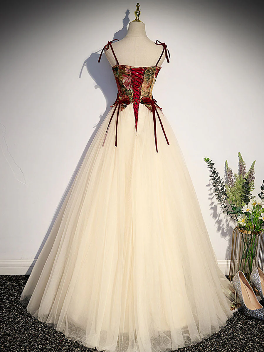 A line Champagne Long Prom Dresses, Champagne Formal Gown With Beading Velvet - Deanwangkt