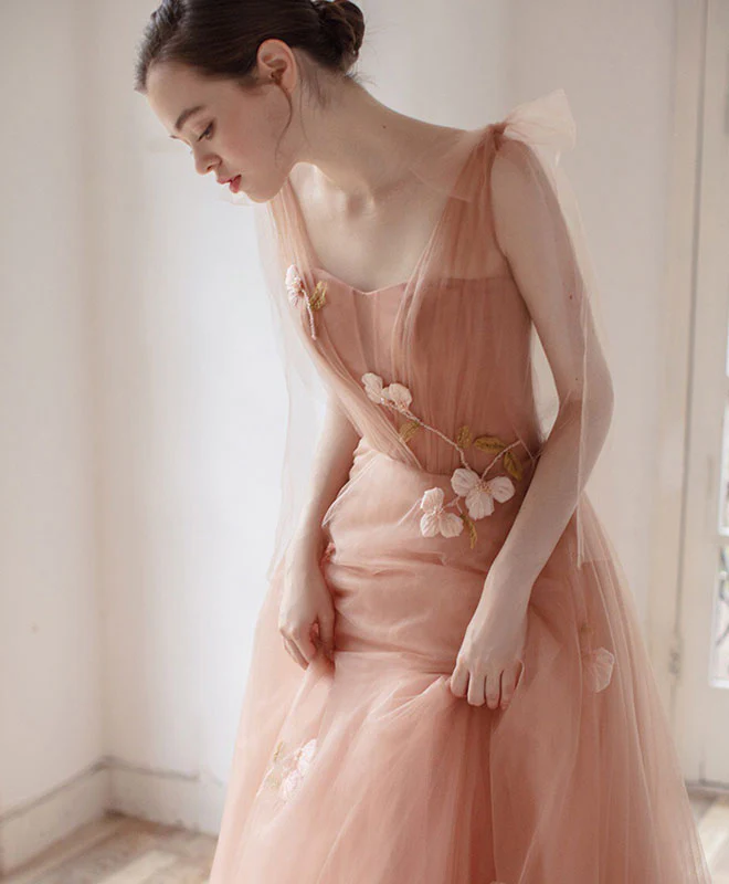 Pink V Neck Tulle Long Prom Dress, Tulle Pink Evening Dress - Deanwangkt