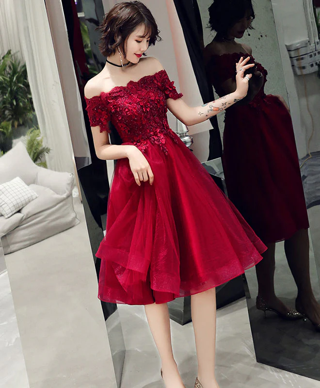 Burgundy Lace Off Shoulder Short Prom Dress, Burgundy Homecoming Dress - Deanwangkt