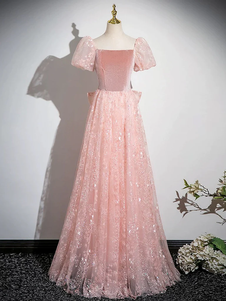 A-Line Tulle Lace Velvet Pink Long Prom Dress, Pink Long Formal Dress - Deanwangkt