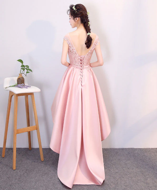 Pink High Low Lace Prom Dress, Pink Formal Bridesmaid Dress - Deanwangkt