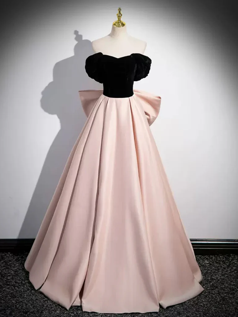 A-Line Off Shoulder Satin Champagne Long Prom Dress, Champagne Long Evening Dress - Deanwangkt