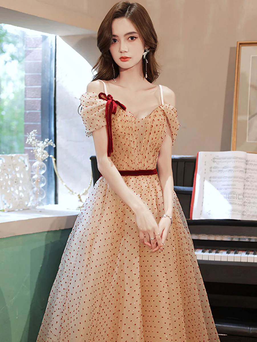 A line Champagne Long Prom Dresses, Champagne Formal Party Evening Dresses - Deanwangkt
