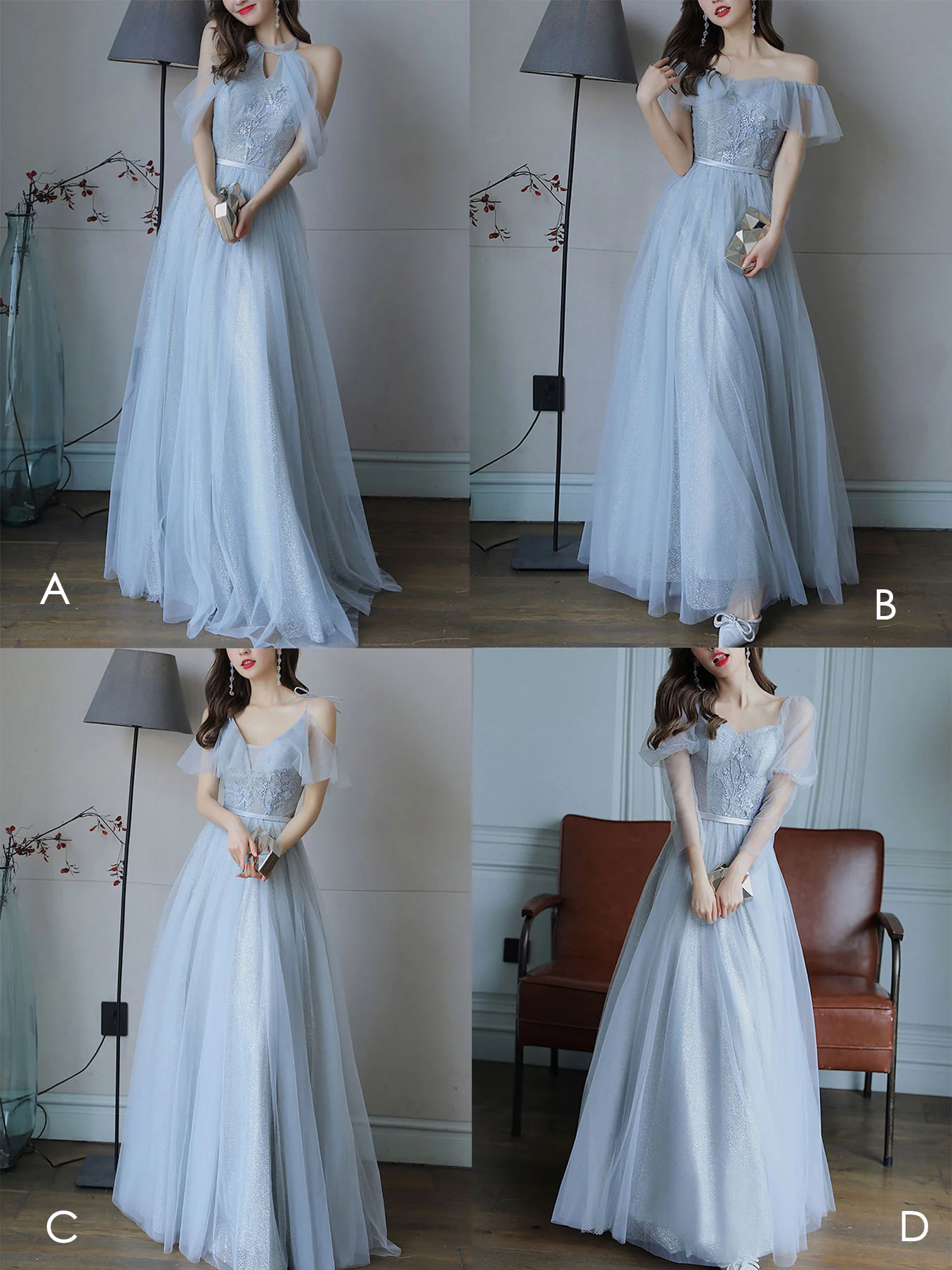 Simple Light Blue Tulle Lace Long Prom Dress, Lace Long Bridesmaid Dress - Deanwangkt