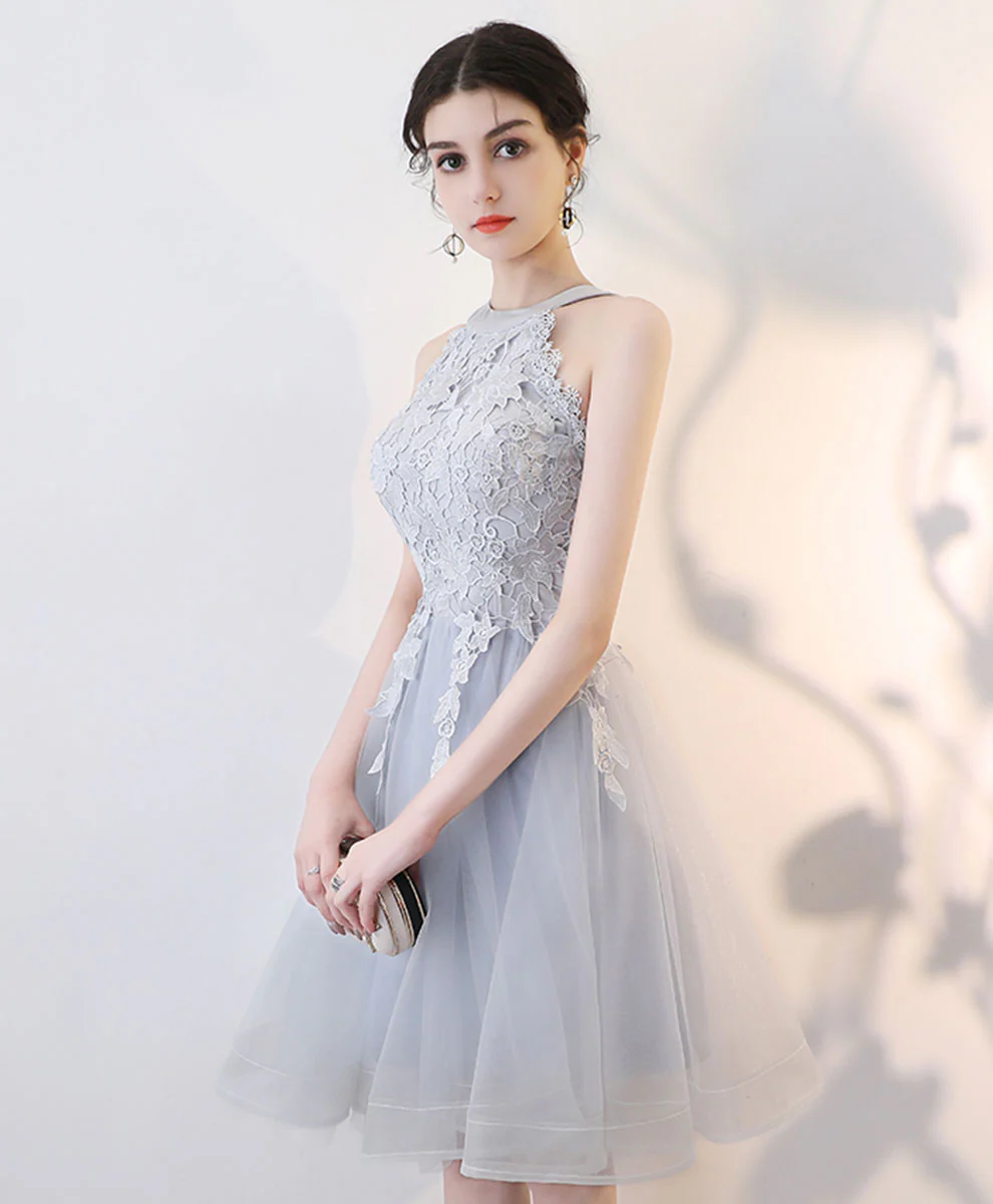 Gray Lace Tulle Short Prom Dress Gray Tulle Lace Homecoming Dress - Deanwangkt