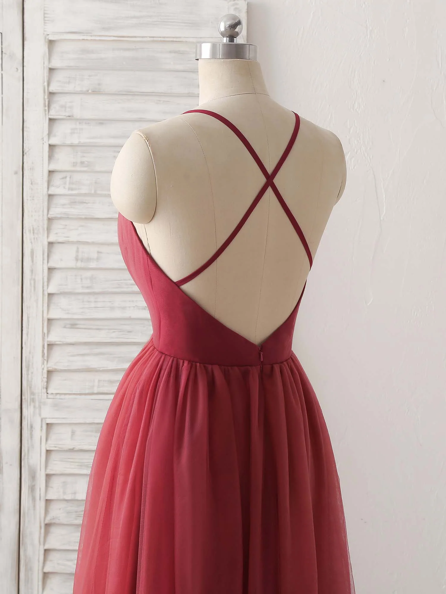 Burgundy V Neck Tulle Long Prom Dress, Burgundy Evening Dress - Deanwangkt