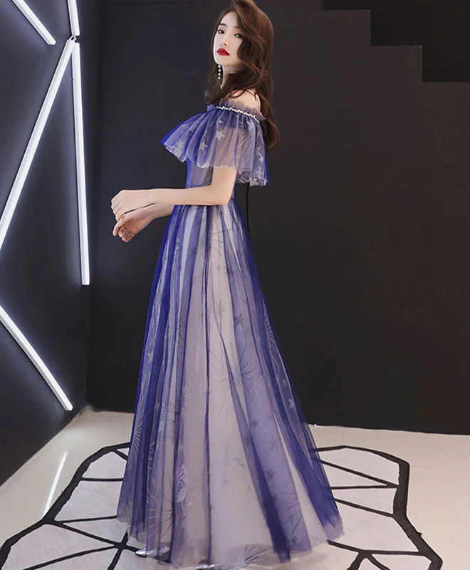 Blue Tulle Lace Tea Length Prom Dress, Blue Tulle Evening Dress - Deanwangkt