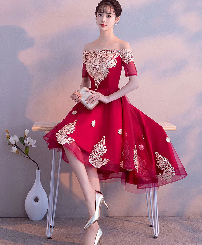 Burgundy Tulle High Low Prom Dress, Burgundy Lace Bridesmaid Dress - Deanwangkt