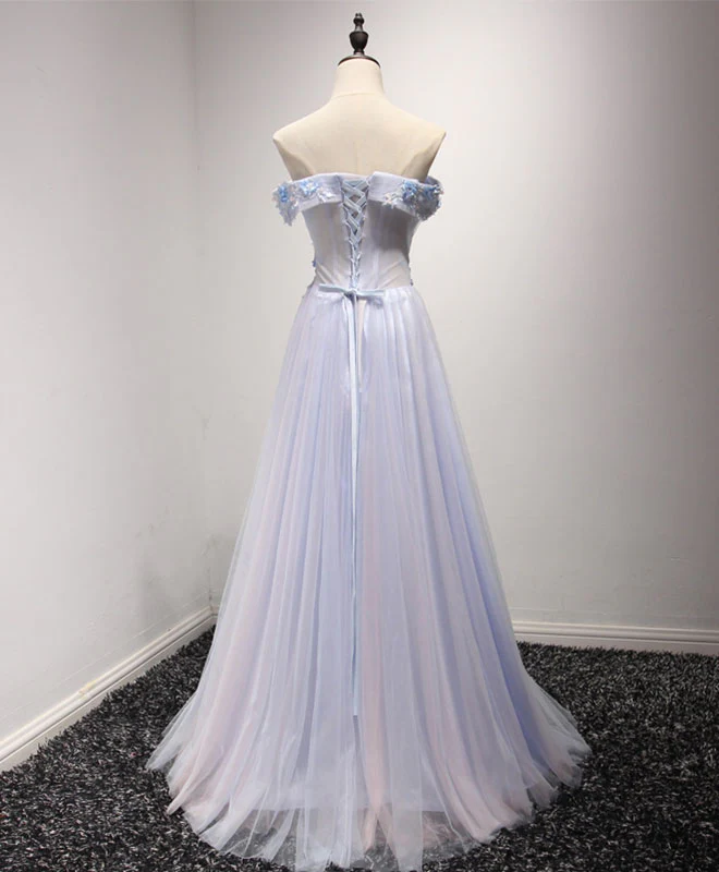 Light Blue Tulle Lace Long Prom Dress, Lace Evening Dress - Deanwangkt