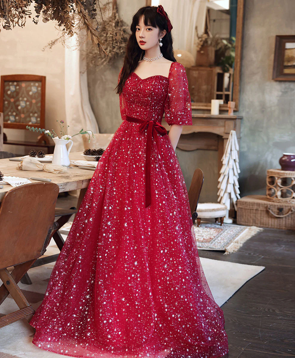 Red Aline Tulle Long Prom Dress, Red Tulle Formal Graduation Dresses - Deanwangkt