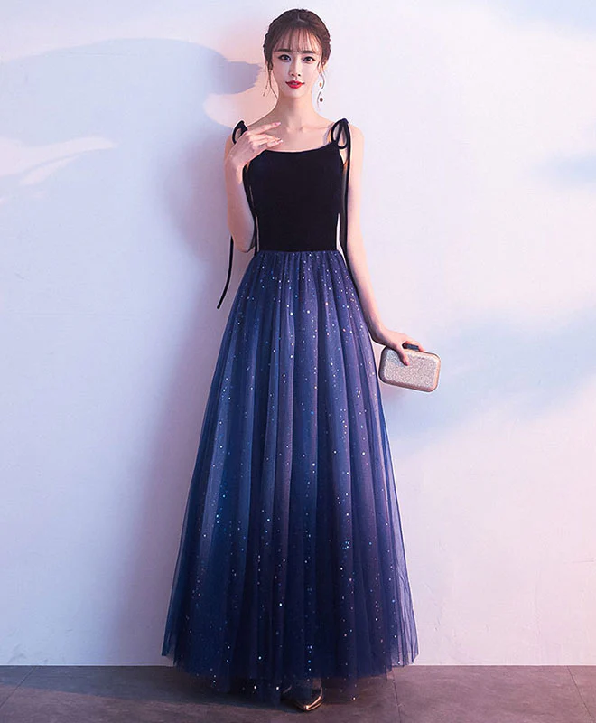 Simple Blue Tulle Long Prom Dress, Shiny Blue Evening Dress - Deanwangkt