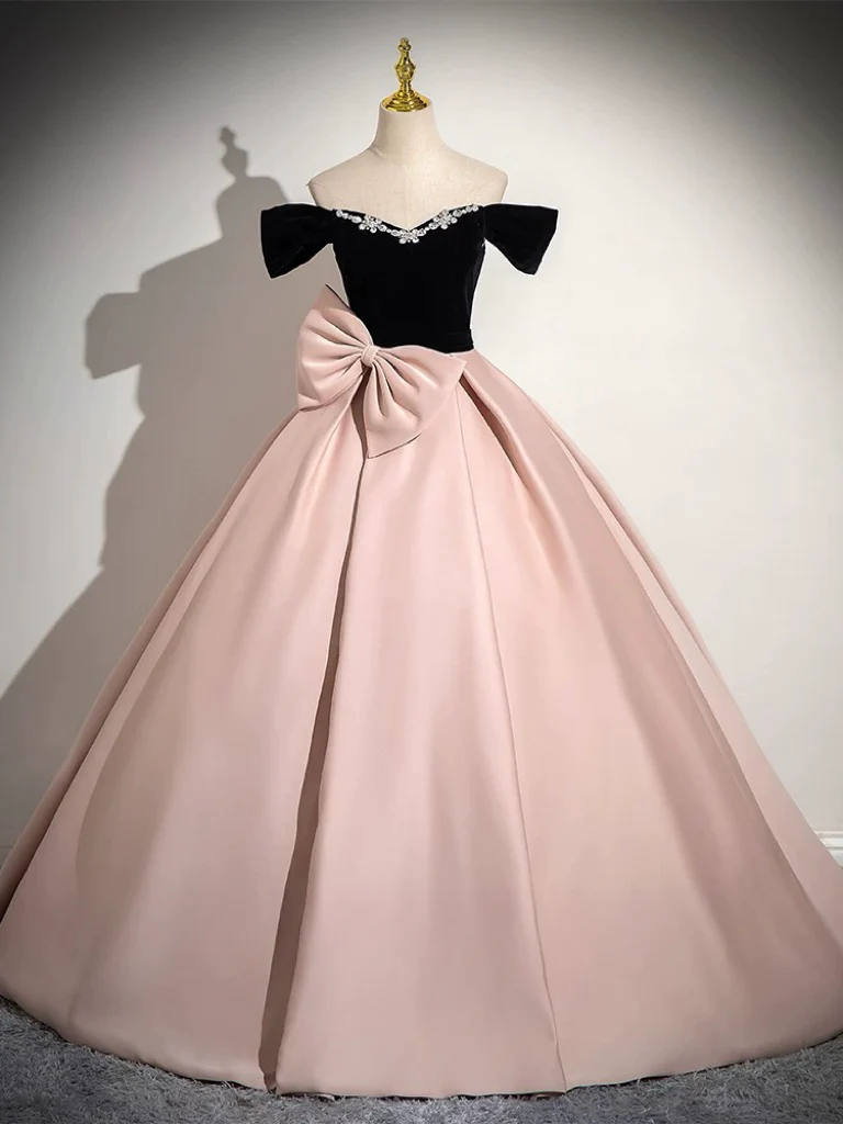 A-Line Off Shoulder Satin Pink Long Prom Dress, Pink Long Formal Dress - Deanwangkt