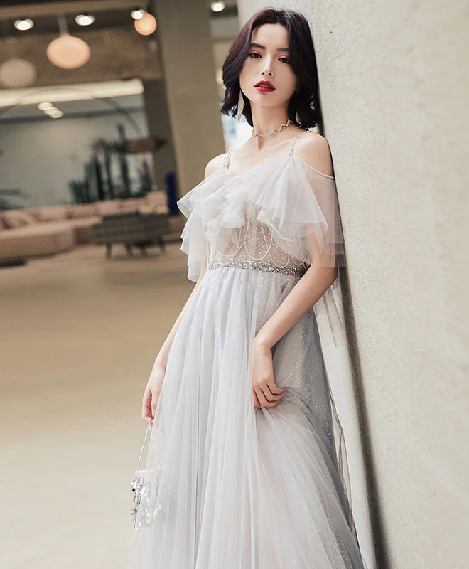 Elegant Off Shoulder Tulle Long Prom Dress, Tulle Evening Dress - Deanwangkt