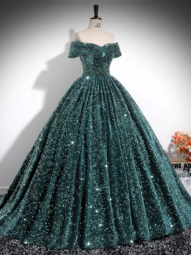 A-Line Off Shoulder Velvet Sequin Green Long Prom Dress, Green Long Formal Dress - Deanwangkt