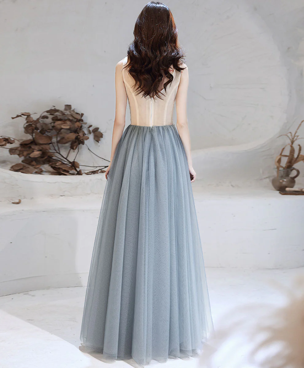 Gray Blue Tulle V Neck Sequin Long Prom Dress Blue Formal Evening Dress - Deanwangkt