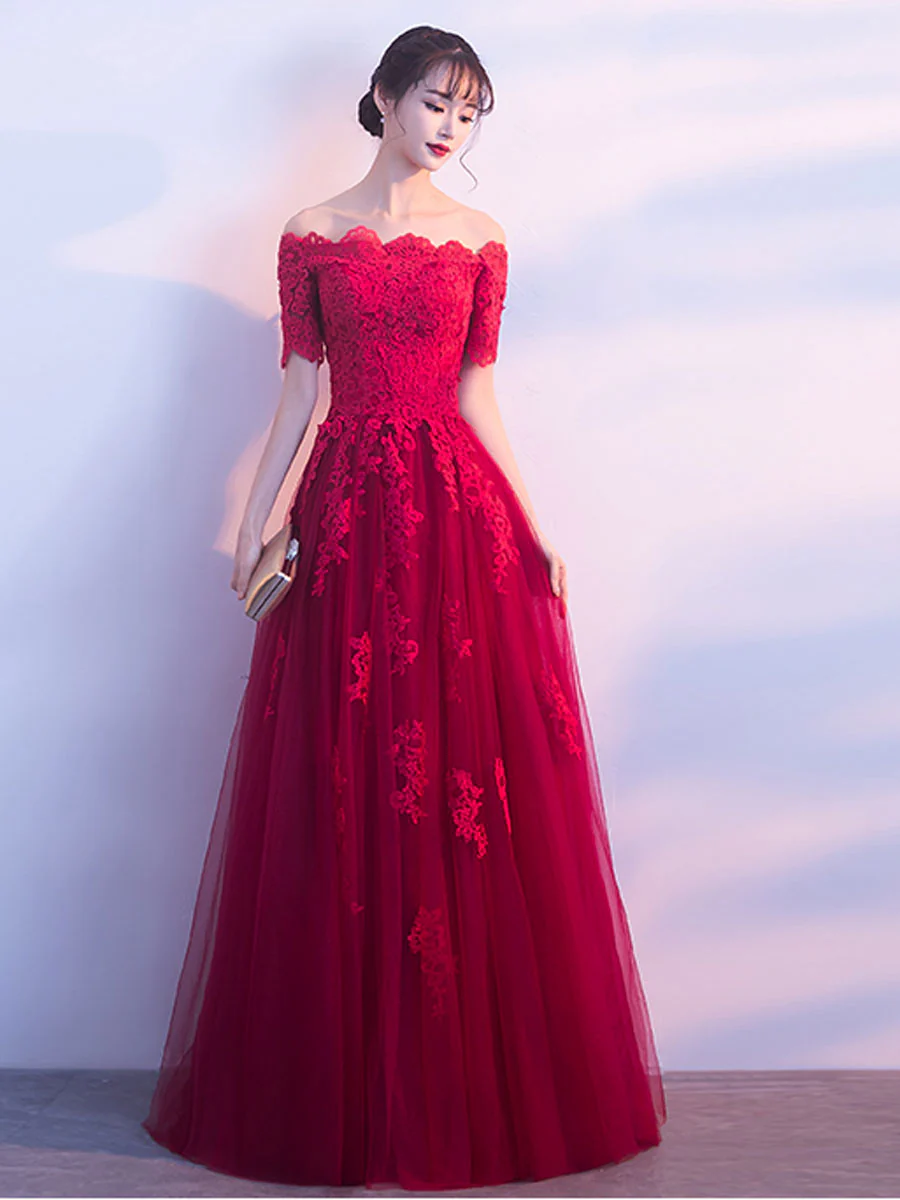 Burgundy Tulle Lace Long Prom Dress, Burgundy Tulle Bridesmaid Dresses - Deanwangkt