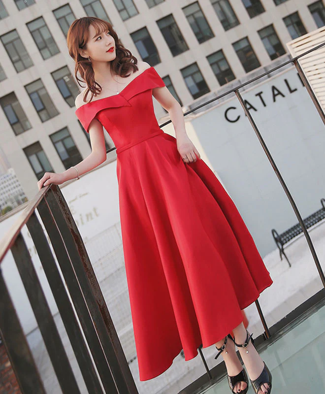 Simple Red Off Shoulder Tea Length Prom Dress, Red Evening Dress - Deanwangkt