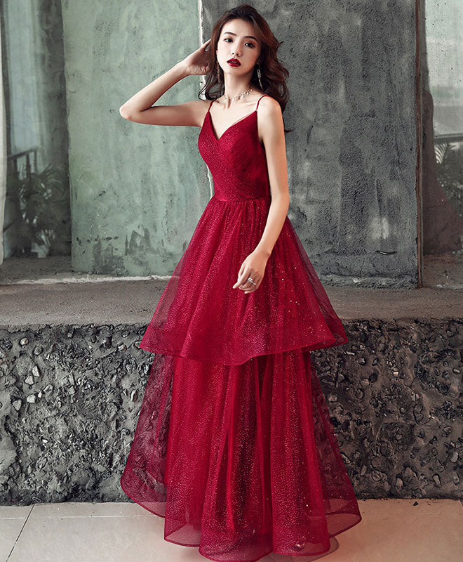 Burgundy V Neck Tulle Long Prom Dress, Shiny Burgundy Evening Dress - Deanwangkt